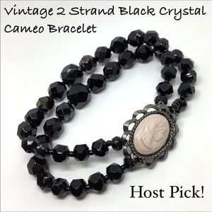 Vintage 2 Strand Black Crystal Cameo Bracelet